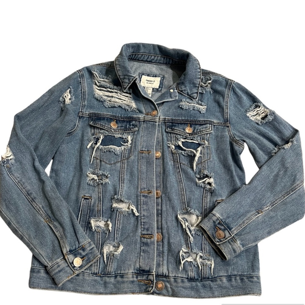 Forever 21 Ripped Denim Jean Jacket. Size S with front pockets.